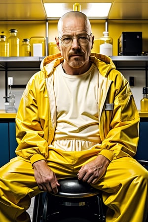 50 yo man, walter white, breaking bad, in a yellow lab suit, in his chemistry lab, fantasy, cinematic,