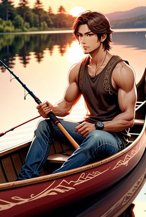  soft lighting, sketch, scenic background, wallpaper, wide view, outdoors, lake, reflections, sunset, male focus, ornate canoe, tanktop, jeans, (holding fishing pole:1.1), (fishing:1.1), muscular, sitting in canoe, shinjiro aragaki [persona], solo, focused calm expression, red eyes, toned, dark brown hair
