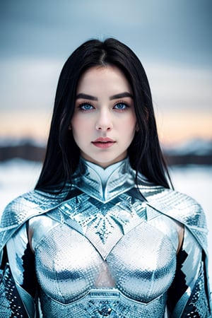 A female figure with deep, sorrowful eyes that glow faintly in icy blue. Her pale skin is smooth, but cracks of frost have begun to form along her cheeks and forehead, hinting at a frozen, deathly power beneath. Her dark hair is tied back tightly, with stray strands frozen in place. She wears a sleek, high-collared robe made of black and silver, with intricate patterns resembling frost creeping along its surface. Around her head, sharp, crystalline structures form a jagged halo, their translucent blue surfaces catching the light in sharp, cold reflections. The background is a void of cold blues and whites, resembling a frozen wasteland..Avatarwar