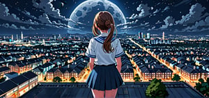 masterpiece, top quality, best quality, official art, beautiful and aesthetic, extreme detailed, colorful, highest detailed, (solo:1.5), a girl in Cityscape, Aerial View, night, moon, a girl,backview, school girl, serafuku, cute girl,
