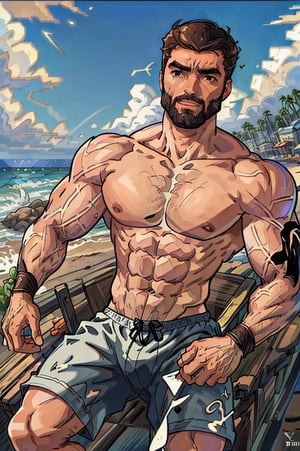 Highly detailed, High Quality, Masterpiece, beautiful, DrakePostingMeme, , 1boy, upper body, gigachad, in the beach,LightningPunkAI anime zoomed ,gigachad,paper_cut,xjrex colorful ultra realistic ,pixel_art,xjrex , muscular body
