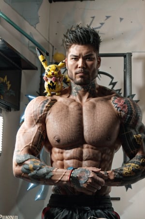 muscular pikachu with yakuza tattoos

