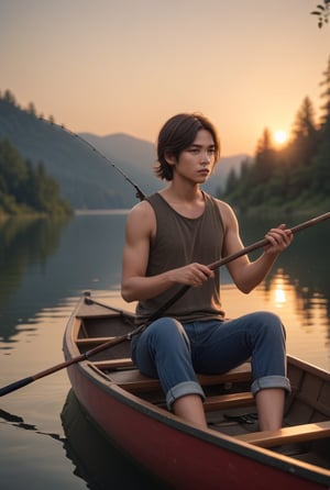  soft lighting, sketch, scenic background, wallpaper, wide view, outdoors, lake, reflections, sunset, male focus, ornate canoe, tanktop, jeans, (holding fishing pole:1.1), (fishing:1.1), muscular, sitting in canoe, shinjiro aragaki [persona], solo, focused calm expression, red eyes, toned, dark brown hair
,<lora:659095807385103906:1.0>