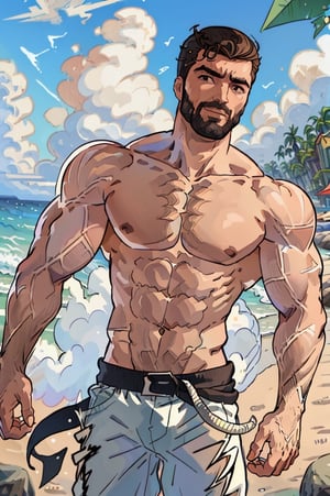 Highly detailed, High Quality, Masterpiece, beautiful, DrakePostingMeme, , 1boy, upper body, gigachad, in the beach,LightningPunkAI anime zoomed ,gigachad,paper_cut,xjrex colorful ultra realistic ,pixel_art,xjrex , muscular body
