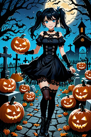  anime illustration, best shadows, outdoors, graveyard, dead trees, halloween, pumpkins, ghosts, fangs, black hair twintails, black lacy dress, bandages, black thigh boots, ann takamaki [persona], 1girl, happy expression, blue eyes, scary pose
