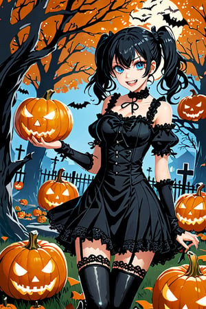  anime illustration, best shadows, outdoors, graveyard, dead trees, halloween, pumpkins, ghosts, fangs, black hair twintails, black lacy dress, bandages, black thigh boots, ann takamaki [persona], 1girl, happy expression, blue eyes, scary pose
