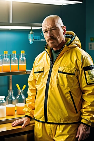 50 yo man, walter white, breaking bad, in a yellow lab suit, in his chemistry lab, fantasy, cinematic,