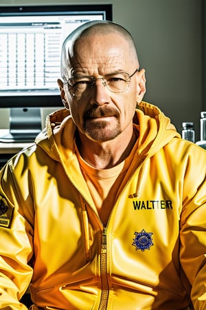 50 yo man, walter white, breaking bad, in a yellow lab suit, in his chemistry lab, fantasy, cinematic,