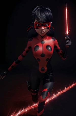 ultra wide angle, in focus, dark epic background, gorgeous lifelike, dynamic pose, ladybug mask, ladybug costume, two ponytails, red lightsaber, medium shot, hyper details, lighting art, cinematic, insane details, intricate details, hyperdetailed, goth, fractal, dark shot