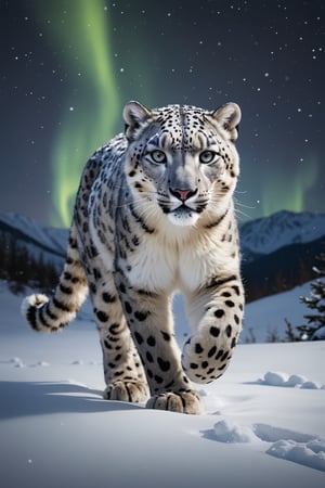 masterpiece,best quality, A majestic snow leopard strides gracefully across a pristine snowy landscape, its fur glistening in the soft moonlight. The scene is captured in a Cinematic Still-Shot, emphasizing the silent, powerful grace of the animal. The image is rendered in the style of a Digital Painting with hyperrealistic detail, including the intricate patterns of the leopard's fur and the sparkling snowflakes. The mood is serene and awe-inspiring, with a luminous aurora borealis illuminating the night sky in the background, adding a magical touch to the winter wonderland. center composition, symmetry composition,   Fine art photography style  NurLens
