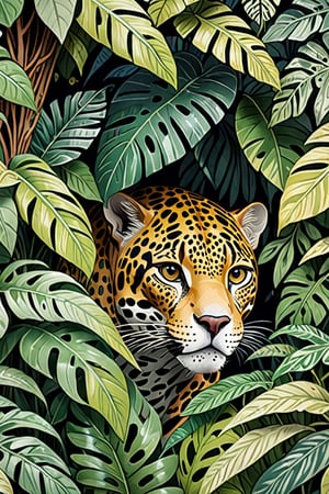 (Cinematic Photo:1.3) of (Ultra detailed:1.3) jaguar hiding behind the leaves in the rainforest, in the style of bloomsbury group, expressive character design, focus on joints/connections, leaf patterns, playful animation, shaped canvas, soft watercolours,Highly Detailed