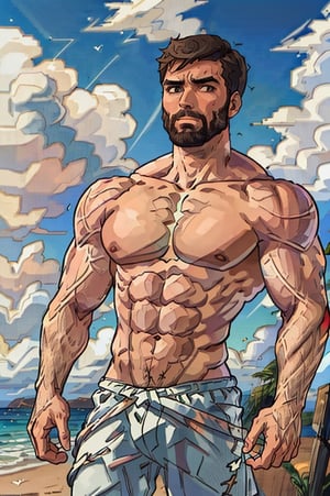 Highly detailed, High Quality, Masterpiece, beautiful, DrakePostingMeme, , 1boy, upper body, gigachad, in the beach,LightningPunkAI anime zoomed ,gigachad,paper_cut,xjrex colorful ultra realistic ,pixel_art,xjrex , muscular body
