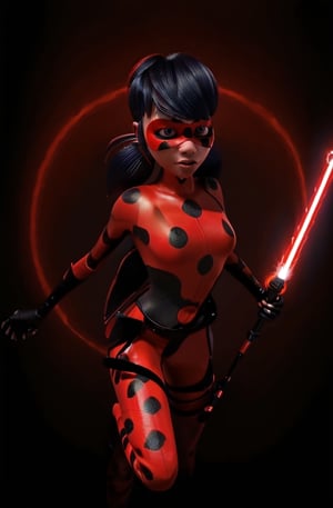 ultra wide angle, in focus, dark epic background, gorgeous lifelike, dynamic pose, ladybug mask, ladybug costume, two ponytails, red lightsaber, medium shot, hyper details, lighting art, cinematic, insane details, intricate details, hyperdetailed, goth, fractal, dark shot