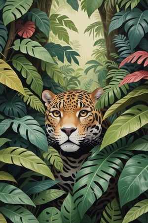 (Cinematic Photo:1.3) of (Ultra detailed:1.3) jaguar hiding behind the leaves in the rainforest, in the style of bloomsbury group, expressive character design, focus on joints/connections, leaf patterns, playful animation, shaped canvas, soft watercolours,Highly Detailed,<lora:659095807385103906:1.0>