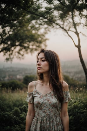 woman, flower dress, colorful, darl background,flower armor,green theme,exposure blend, medium shot, bokeh, (hdr:1.4), high contrast, (cinematic, teal and orange:0.85), (muted colors, dim colors, soothing tones:1.3), low saturation,realistic