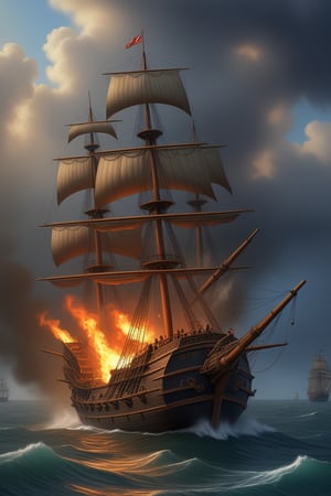 Oil of an epic naval battle between a pirate ship and a Spanish galleon, smoke, fire, art by AUGUSTO FERRER-DALMAU, cannons firing ,more detail XL,<lora:659095807385103906:1.0>