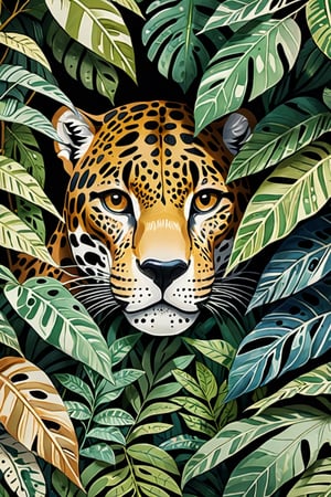 (Cinematic Photo:1.3) of (Ultra detailed:1.3) jaguar hiding behind the leaves in the rainforest, in the style of bloomsbury group, expressive character design, focus on joints/connections, leaf patterns, playful animation, shaped canvas, soft watercolours,Highly Detailed