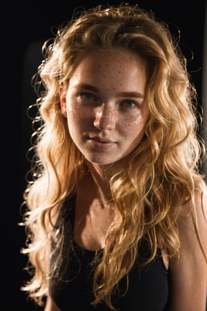 full body shot of a beautiful woman with curls and lots of freckles, (dirty blonde hair), (face portrait:1.5), dramatic light , Rembrandt lighting scheme, (hyperrealism:1.2), (photorealistic:1.2), shot with Canon EOS 5D Mark IV,Medium long shot,Front view
