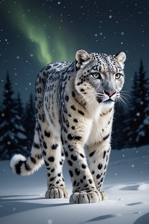 masterpiece,best quality, A majestic snow leopard strides gracefully across a pristine snowy landscape, its fur glistening in the soft moonlight. The scene is captured in a Cinematic Still-Shot, emphasizing the silent, powerful grace of the animal. The image is rendered in the style of a Digital Painting with hyperrealistic detail, including the intricate patterns of the leopard's fur and the sparkling snowflakes. The mood is serene and awe-inspiring, with a luminous aurora borealis illuminating the night sky in the background, adding a magical touch to the winter wonderland. center composition, symmetry composition,   Fine art photography style  NurLens
