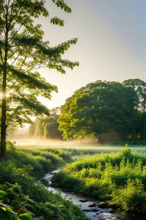 A serene forest at dawn, with soft morning light filtering through the dense canopy, casting a golden glow on the lush green foliage. The scene is filled with mist rising from the ground, creating an ethereal atmosphere. A small stream winds through the forest, reflecting the early light. The composition captures the tranquility of the moment, with a focus on the interplay of light and shadow, and the natural beauty of the forest awakening.