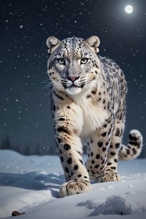 masterpiece,best quality, A majestic snow leopard strides gracefully across a pristine snowy landscape, its fur glistening in the soft moonlight. The scene is captured in a Cinematic Still-Shot, emphasizing the silent, powerful grace of the animal. The image is rendered in the style of a Digital Painting with hyperrealistic detail, including the intricate patterns of the leopard's fur and the sparkling snowflakes. The mood is serene and awe-inspiring, with a luminous aurora borealis illuminating the night sky in the background, adding a magical touch to the winter wonderland. center composition, symmetry composition,   Fine art photography style  NurLens
