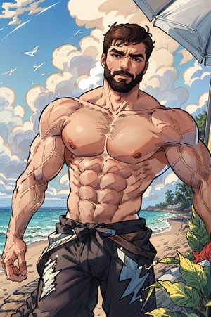 Highly detailed, High Quality, Masterpiece, beautiful, DrakePostingMeme, , 1boy, upper body, gigachad, in the beach,LightningPunkAI anime zoomed ,gigachad,paper_cut,xjrex colorful ultra realistic ,pixel_art,xjrex , muscular body
