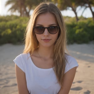 "A photorealistic portrait of a 25-year-old American girl with long, flowing blonde hair and striking blue eyes with sunglass Wearing white t-Shart. She should have a natural, approachable expression and be illuminated by soft, golden-hour sunlight. The background should be a scenic outdoor setting, perhaps a sunlit beach. Capture this image with a high-resolution photograph using an 85mm lens for a flattering perspective." ,SD 1.5