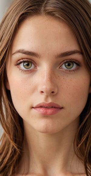 portrait of a young woman. she is looking up at the camera. her shoulder length brown hair frames her face. she is confident. natural beauty. beautiful green eyes with a little brown ring in her iris. catchlights in the eyes. full lips. The image has a neutral color tone with natural light setting. f/5.6 50mm, close-up, sharp focus, (Best Quality:1.4), (Ultra realistic, Ultra high res), Highly detailed, Professional Photography,SD 1.5