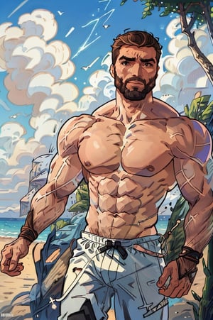 Highly detailed, High Quality, Masterpiece, beautiful, DrakePostingMeme, , 1boy, upper body, gigachad, in the beach,LightningPunkAI anime zoomed ,gigachad,paper_cut,xjrex colorful ultra realistic ,pixel_art,xjrex , muscular body
