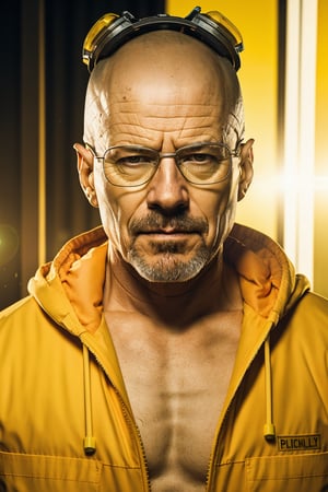 50 yo man, walter white, breaking bad, in a yellow lab suit, in his chemistry lab, cinematic,ultrarealistic,soft lighting