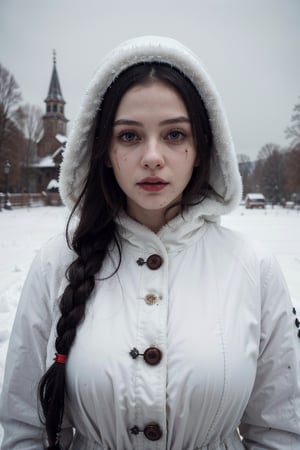 (best quality,highres,masterpiece:1.2),ultra-detailed,realistic, (wintery, snowy),windy (landscape:1.1), (horror, macabre, unsettling), (eerie atmosphere, creepy), (women:1.1, dressed as a snow maiden), (skull:1.1) on her face, (covered in blood), (distorted focus), (haunted), (horror film), (scary, evil),character