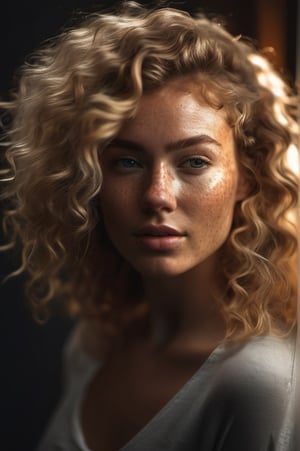 full body shot of a beautiful woman with curls and lots of freckles, (dirty blonde hair), (face portrait:1.5), dramatic light , Rembrandt lighting scheme, (hyperrealism:1.2), (photorealistic:1.2), shot with Canon EOS 5D Mark IV,Medium long shot,Front view

