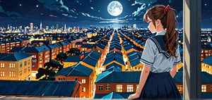 masterpiece, top quality, best quality, official art, beautiful and aesthetic, extreme detailed, colorful, highest detailed, (solo:1.5), a girl in Cityscape, Aerial View, night, moon, a girl,backview, school girl, serafuku, cute girl,
