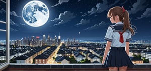 masterpiece, top quality, best quality, official art, beautiful and aesthetic, extreme detailed, colorful, highest detailed, (solo:1.5), a girl in Cityscape, Aerial View, night, moon, a girl,backview, school girl, serafuku, cute girl,
