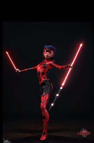 ultra wide angle, in focus, dark epic background, gorgeous lifelike, dynamic pose, ladybug mask, ladybug costume, two ponytails, red lightsaber, medium shot, hyper details, lighting art, cinematic, insane details, intricate details, hyperdetailed, goth, fractal, dark shot