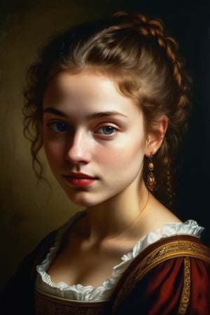 renaissaince style portrait, beautiful young woman . oil painting, Rembrandt lighting, dark and moody style,pp_v3,SD 1.5,photorealistic