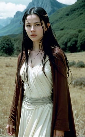 photo of arwen undomiel from Lord of the Rings, film grain, dramatic cinematic lut,realistic,character,photorealistic,Pixel art,style,ANIME 