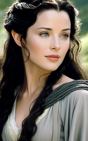 photo of arwen undomiel from Lord of the Rings, film grain, dramatic cinematic lut,realistic,character,photorealistic,Pixel art,style,ANIME 