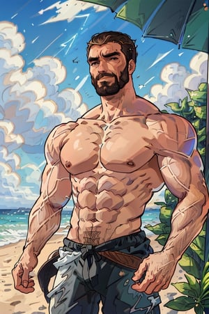 Highly detailed, High Quality, Masterpiece, beautiful, DrakePostingMeme, , 1boy, upper body, gigachad, in the beach,LightningPunkAI anime zoomed ,gigachad,paper_cut,xjrex colorful ultra realistic ,pixel_art,xjrex , muscular body
