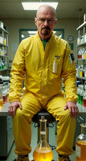 50 yo man, walter white, breaking bad, in a yellow lab suit, in his chemistry lab, fantasy, cinematic