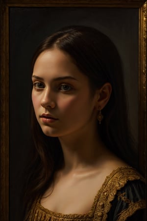 renaissaince style portrait, beautiful young woman . oil painting, Rembrandt lighting, dark and moody style,pp_v3,SD 1.5