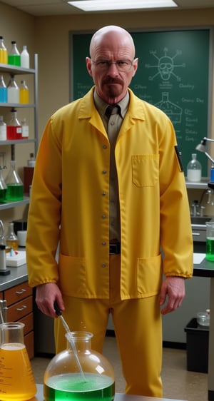 50 yo man, walter white, breaking bad, in a yellow lab suit, in his chemistry lab, fantasy, cinematic,<lora:659095807385103906:1.0>
