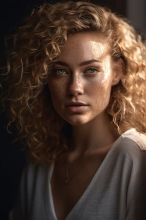 full body shot of a beautiful woman with curls and lots of freckles, (dirty blonde hair), (face portrait:1.5), dramatic light , Rembrandt lighting scheme, (hyperrealism:1.2), (photorealistic:1.2), shot with Canon EOS 5D Mark IV,Medium long shot,Front view
