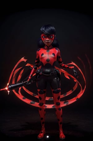 ultra wide angle, in focus, dark epic background, gorgeous lifelike, dynamic pose, ladybug mask, ladybug costume, two ponytails, red lightsaber, medium shot, hyper details, lighting art, cinematic, insane details, intricate details, hyperdetailed, goth, fractal, dark shot