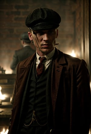 color photo of Thomas Shelby, the charismatic and ruthless leader of the Peaky Blinders 