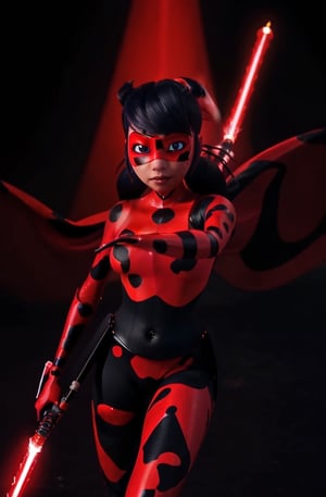 ultra wide angle, in focus, dark epic background, gorgeous lifelike, dynamic pose, ladybug mask, ladybug costume, two ponytails, red lightsaber, medium shot, hyper details, lighting art, cinematic, insane details, intricate details, hyperdetailed, goth, fractal, dark shot