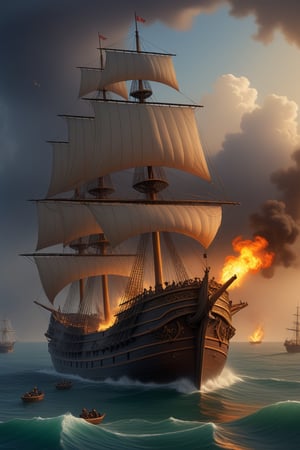 Oil of an epic naval battle between a pirate ship and a Spanish galleon, smoke, fire, art by AUGUSTO FERRER-DALMAU, cannons firing ,more detail XL,<lora:659095807385103906:1.0>