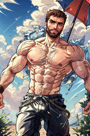 Highly detailed, High Quality, Masterpiece, beautiful, DrakePostingMeme, , 1boy, upper body, gigachad, in the beach,LightningPunkAI anime zoomed ,gigachad,paper_cut,xjrex colorful ultra realistic ,pixel_art,xjrex , muscular body
