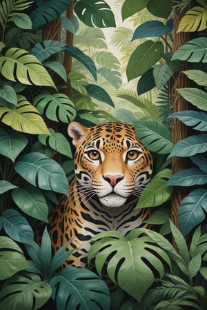 (Cinematic Photo:1.3) of (Ultra detailed:1.3) jaguar hiding behind the leaves in the rainforest, in the style of bloomsbury group, expressive character design, focus on joints/connections, leaf patterns, playful animation, shaped canvas, soft watercolours,Highly Detailed,<lora:659095807385103906:1.0>