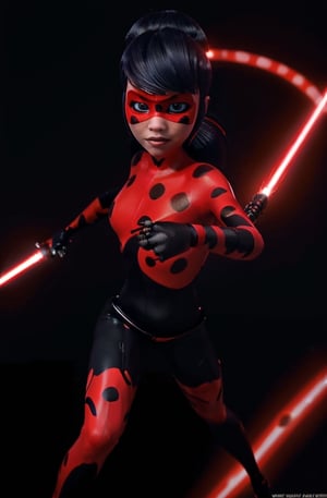 ultra wide angle, in focus, dark epic background, gorgeous lifelike, dynamic pose, ladybug mask, ladybug costume, two ponytails, red lightsaber, medium shot, hyper details, lighting art, cinematic, insane details, intricate details, hyperdetailed, goth, fractal, dark shot